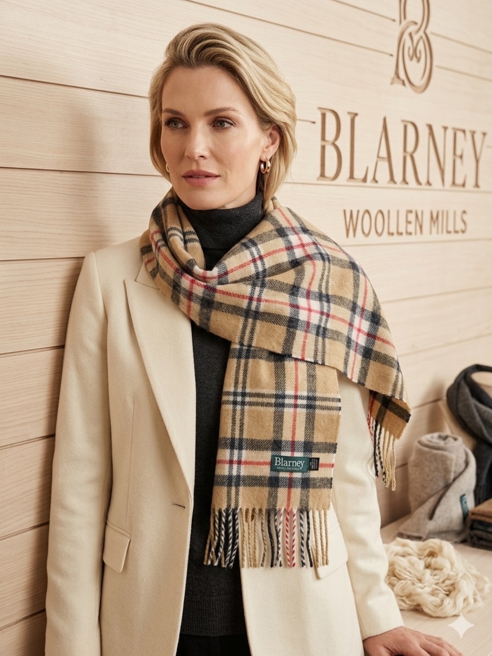 BLARNEY Tan Plaid Wool Scarf - Classic Check Pattern